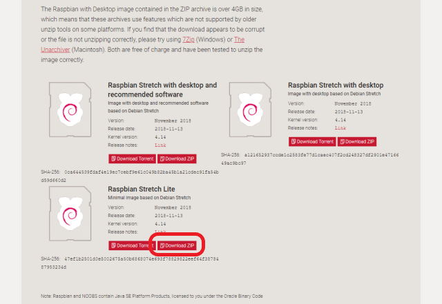 Raspberri Piのダウンロード画面